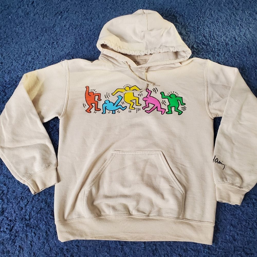 Ripple Junction Keith Haring Dancing Figures Pop Art Beige Hoodie Sweatshirt S